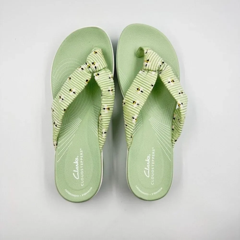 Clarks Cloudsteppers Drift Jaunt Women's 10 Green Daisy Strappy Wedge Flip Flops